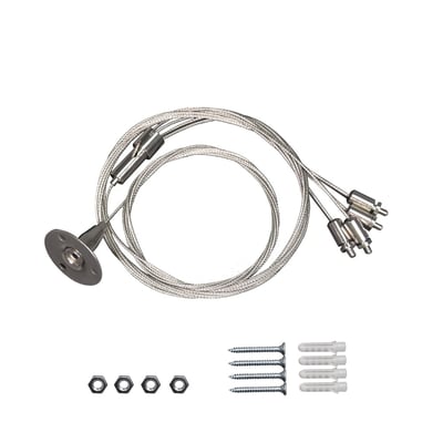 Komplet wiresæt til LED paneler med loftbeslag, 200 cm wire, justerbar 45 cm, samt skruer og rawlplugs.