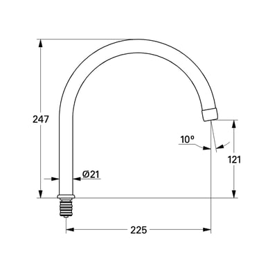 Teknisk tegning af Grohe U-tud med dimensioner for højde, bredde, diameter og vinkel.