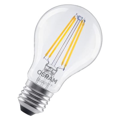Ledvance Smart+ Matter LED-pære med klar glaskolbe, synlige LED-filamenter og E27-fatning, 6 W og WiFi.