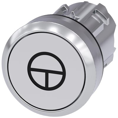 Siemens 22mm rund trykknap i metal med højglans finish, hvid og med sort jogging-symbol. Produktet er vist på hvid baggrund.