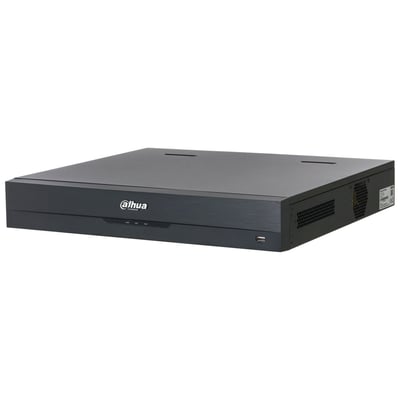 Dahua NVR5432-16P-EI2 netværksoptager med 32 kanaler og 16 PoE-porte set skråt forfra.