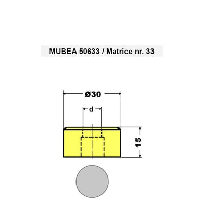 Teknisk tegning af Mubea matrice nr. 33 med Ø30 mm ydre diameter og 15 mm højde, samt en indre diameter 'd'.