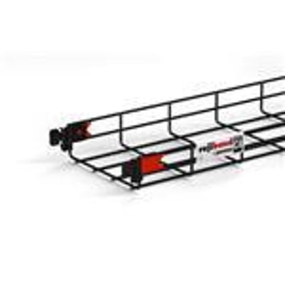 Sort BK8® gitterbakke på 60/200 mm med en sort, korrosionsbestandig belægning og synlige orange monteringsdetaljer.