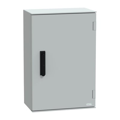 Schneider Electric PLM64 vægskab, vist fra siden, med dimensioner 647x436x250mm og RAL7035 farve.