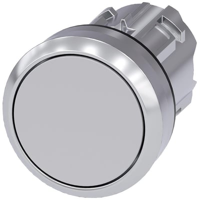 Siemens 22mm trykknap i blank grå metal med et rundt, fladt trykfelt og monteringsklips bagpå.