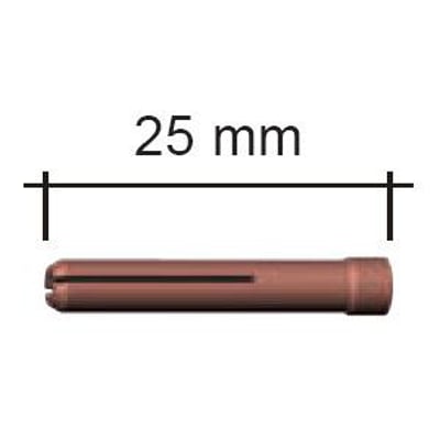 Spændbøsning til svejsebrænder, 1,6 mm i diameter og 25 mm i længde, vist med dimensionstegning.