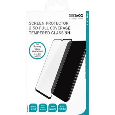 Emballagen til Deltaco skærmbeskytter med teksten 'Screen Protector 2.5D Full Coverage Tempered Glass 9H' og kompatibilitet med Samsung Galaxy modeller.