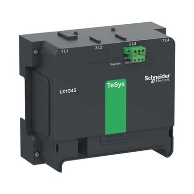 Schneider Electric kontrolmodul LX1G4S til 4-polet TeSys Giga 400-500A kontaktor, 100-250V AC/DC i mørkegrå plast med grøn logo-detalje.