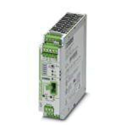Sidevisning af Phoenix Contact QUINT-UPS/24DC/24DC/10 strømforsyning, der viser monteringsdetaljer og labelinformation.