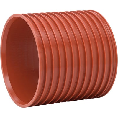 Nærbillede af Uponor Double/Rib2 PP-skydemuffe, 560mm, viser den rillede yderside og den glatte inderside af PP-materialet.