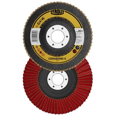 TYROLIT lamelskive Cerabond X, 2-i-1, med 125mm diameter og korn 80+ samt 22,23mm hul, vist med bagside og bagside af røde lameller.