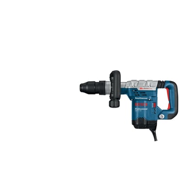Bosch GSH 5 CE slaghammer på 1150 W og 8,3 joule set fra siden med blågråt hus og sort sidehåndtag.