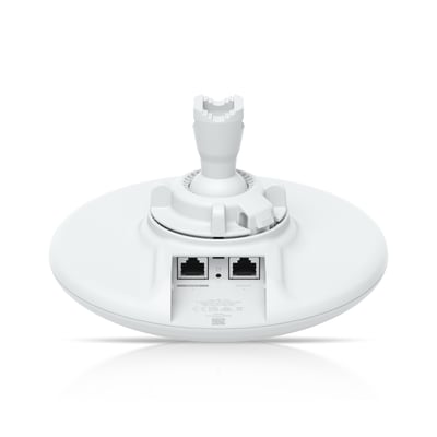 Ubiquiti UniFi Device Bridge Pro er en hvid, rund 5 GHz trådløs netværksbro med beslag og Ethernet-porte.