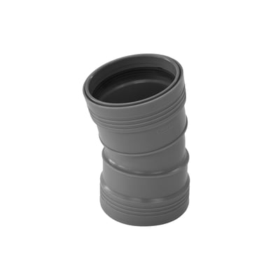 Detaljebillede af en Wavin Wafix PP 75mm 15 graders bøjning, der viser mærket 'WAVIN' og materialet.