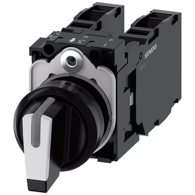 Siemens 22mm rund omskifter i sort og hvid plast med lysbar og kort vælger, viser 3 kontaktpositioner.
