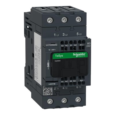 Detaljebillede af Schneider Electric TeSys D 50A kontaktor, der viser mærkning, terminaler og integrerede hjælpekontakter (1 NO + 1 NC).