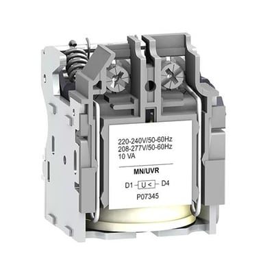 Schneider Electric spole MN 24VAC til NSX100-630, set fra siden med etiket der viser 220-240V/50-60Hz og 10 VA.