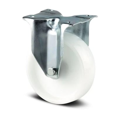 Fast Tente-transporthjul med hvidt nylonhjul på 100 mm og blank stålgaffel, beregnet til 200 kg belastning.
