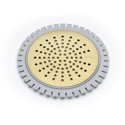 Purus Sun rist til microcement Ø150mm med messing PVD-finish og grå kant, vist ovenfra på hvid baggrund.