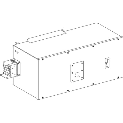 Tilgangsboks venstre T/NS400 3L+N+PE fra Schneider Electric, vist i teknisk tegning med dimensioner og monteringsdetaljer.