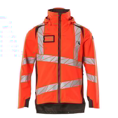 Detaljeret frontvisning af Mascot Hi-Vis skaljakken i str. 5XL, med fokus på lynlås, reflekser og brystlomme.