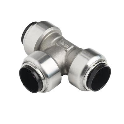 Roth T-stykke indstikfitting i rustfrit stål til 18mm rør med sorte pakninger, vist på hvid baggrund.