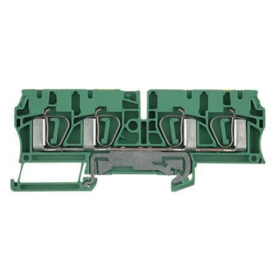 Weidmüller jordklemme i grøn med to fjederterminaler på hver side, lavet af hærdet stål og fortinnet kobber.