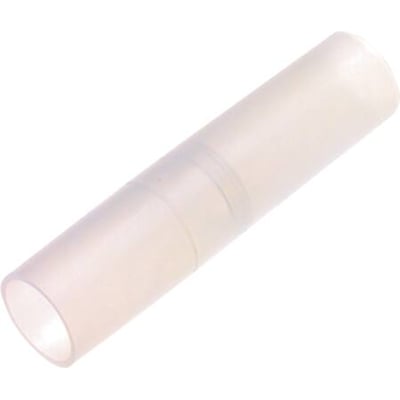 En kort polykonmuffe til 16mm plastrør og flexrør, fremstillet i gennemsigtigt plastmateriale.