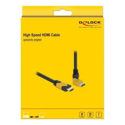 Delock HDMI 2.1-kabel i gul detailæske, hvor emballagen viser kablets opadvinklede stik.
