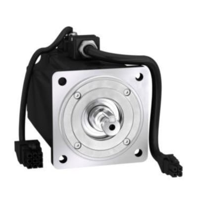 Schneider Electric servomotor 80mm, 400W med tilsluttet kabel og stik, på hvid baggrund.