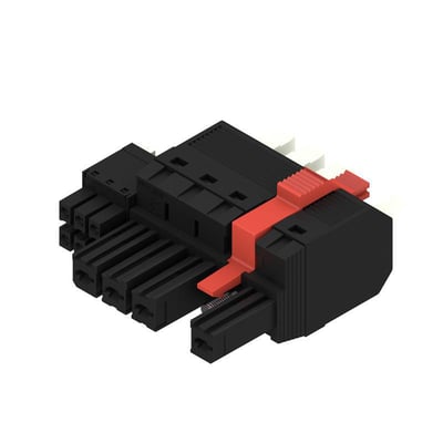 Weidmüller Hybrid Connector med fire poler og PUSH IN-tilslutning ses skråt forfra med sort hus og rød aktuator.