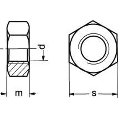 Teknisk tegning af en M5 messing møtrik, DIN 934 standard, viser dimensioner som m, s og d.