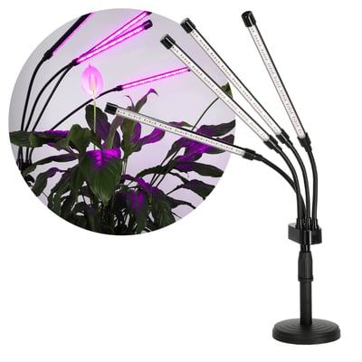Sort Kobi VITARO 4 ST MINI plantelys på stander med fire fleksible lyshoveder, der lyser lilla på en plante.
