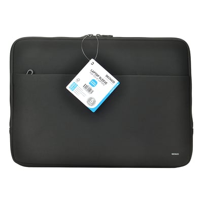 Deltaco sort neopren sleeve til 15,6-16" laptops med frontlomme og produktinformation.