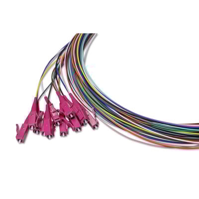 Sæt med 12 stk. 2 meter lange Pigtail OM4 SemiTight fibrekabler med LC/PC-konnektorer i 12 forskellige farver og 0,9mm diameter.