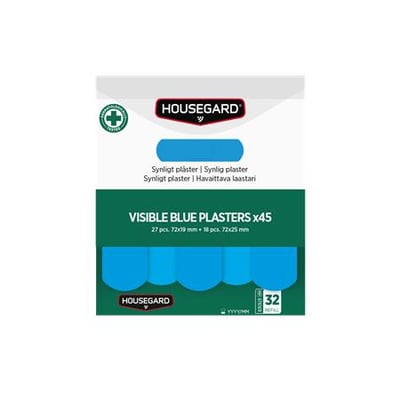 Emballagen til Housegard synlige blå plastre, type 611069, med blå plastre vist på forsiden.