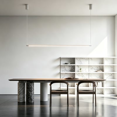 Hvid, dæmpbar LED-spisebordslampe på wireophæng lyser over et spisebord i et moderne rum.