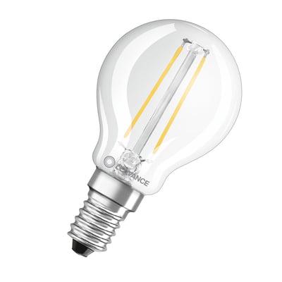 Nærbillede af Osram Ledvance LED krone filamentpære, 2,5W med E14 sokkel og klar glasoverflade.