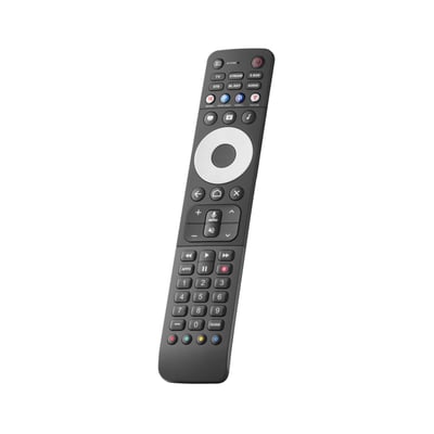 One For All Smart Control Pro 6 fjernbetjening vinklet, viser dens fulde knaplayout og baggrundsbelyste funktioner.