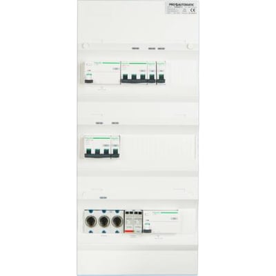 Hvideltavle med Schneider UG18 afdækning og Acti9 komponenter samt Solar plus transientbeskyttelse.