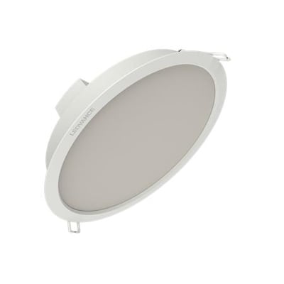 Hvid Ledvance DN 190 downlight med rund, mat lysflade, 18 W og IP44-beskyttelse.
