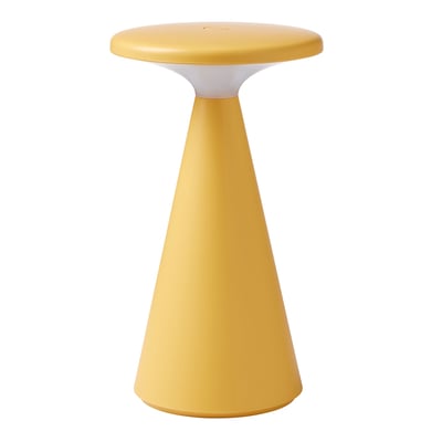 Nielsen Light Nyhavn bordlampe i støvet gul, set fra siden, der viser den slanke, kegleformede base og den brede top.