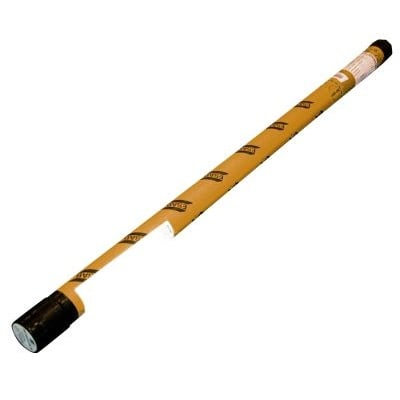 En 5 kg pakke med Esab TIG tråd 12.64 til sort stål, 2,4 x 1000 mm, indpakket i guldfarvet pap med Esab logoer.