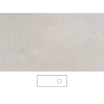 Svedbergs Jura-bordplade i beige, 121 x 46 cm, med lys stenlignende overflade og en skitse af bordpladen nederst.