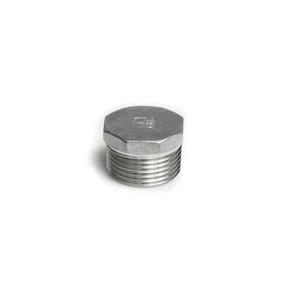 Seks-kantet prop i rustfrit stål med konisk BSPT gevind, 1" størrelse, ideel til 20 bar tryk. Materialet er EN 1.4408 / 316-CF8M.