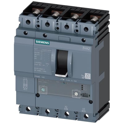 Siemens 3VA2 4-polet maksimalafbryder for linjebeskyttelse med 160A ramme, 150kA brydeevne og justerbar nullederbeskyttelse.