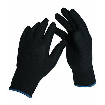 Et par sorte, uforede bomuldshandsker med Lycra og blå ribkrave er vist mod en hvid baggrund.