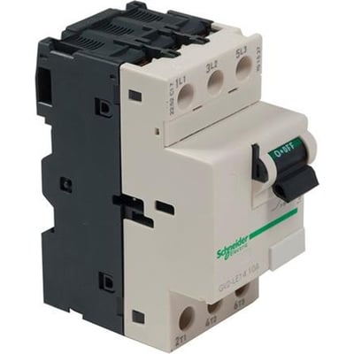 Schneider Electric TeSys GV2LE 10A kortslutningsudløser vist fra siden med fokus på 3-polet design og tilslutningsterminaler.