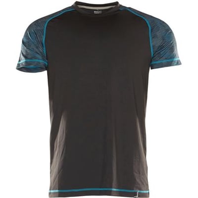 Mascot sort, svedtransporterende t-shirt i 2XL med blå detaljer på ærmerne og kraven, fremstillet af polyester og elasthan.