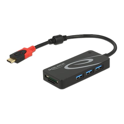 Sort DeLOCK USB-C-hub med tre USB-A-porte, SD- og microSD-kortlæser samt fast kabel.